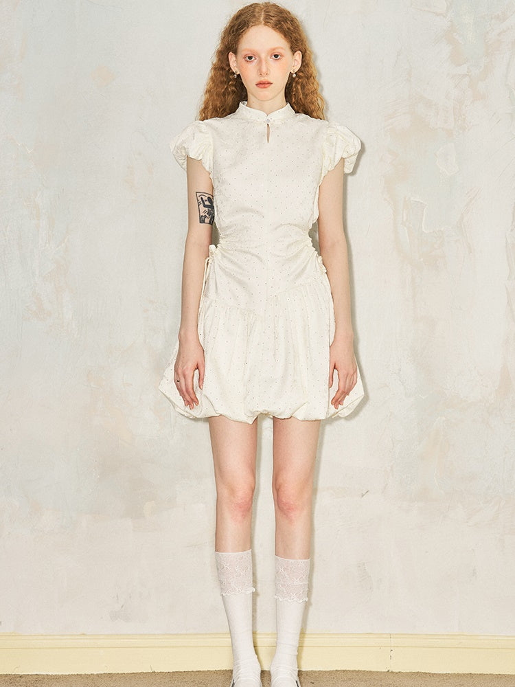 Puff Sleeve Waist Hollowed-out Wrinkled Dress