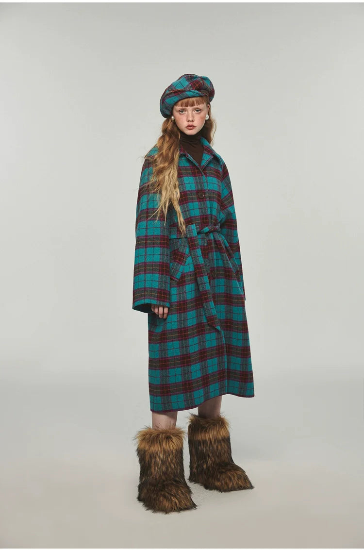 Plaid Classic  Belted Waist Woolen Overcoat