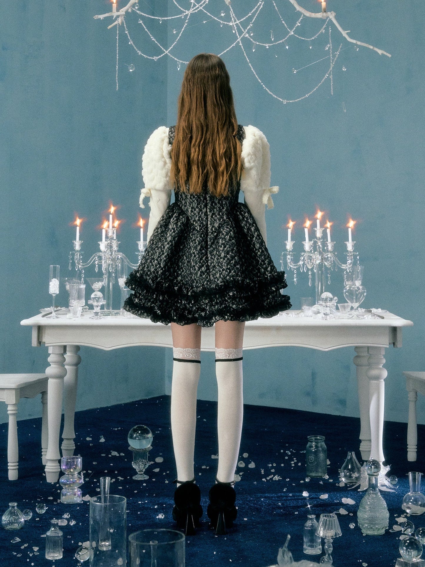 레이스 퀼팅 보우 플라워 브로치 선드레스 &amp; 퍼프 슬리브 탑