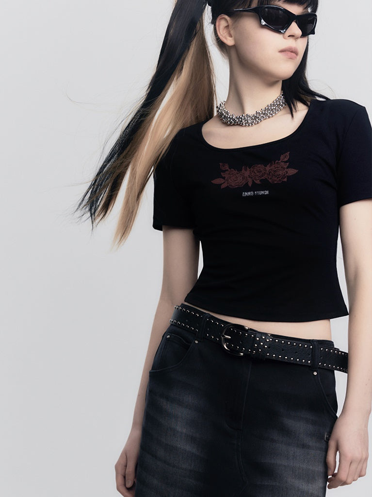 레이스 로즈 프린트 반팔 티셔츠 