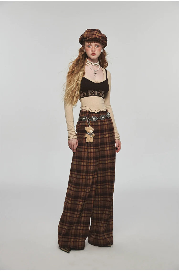 Plaid Woolen Wide-leg Pants