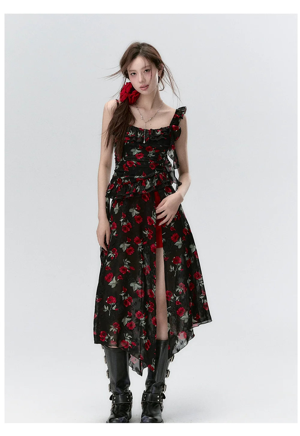 Detachable Square Neck Floral Midi Dress