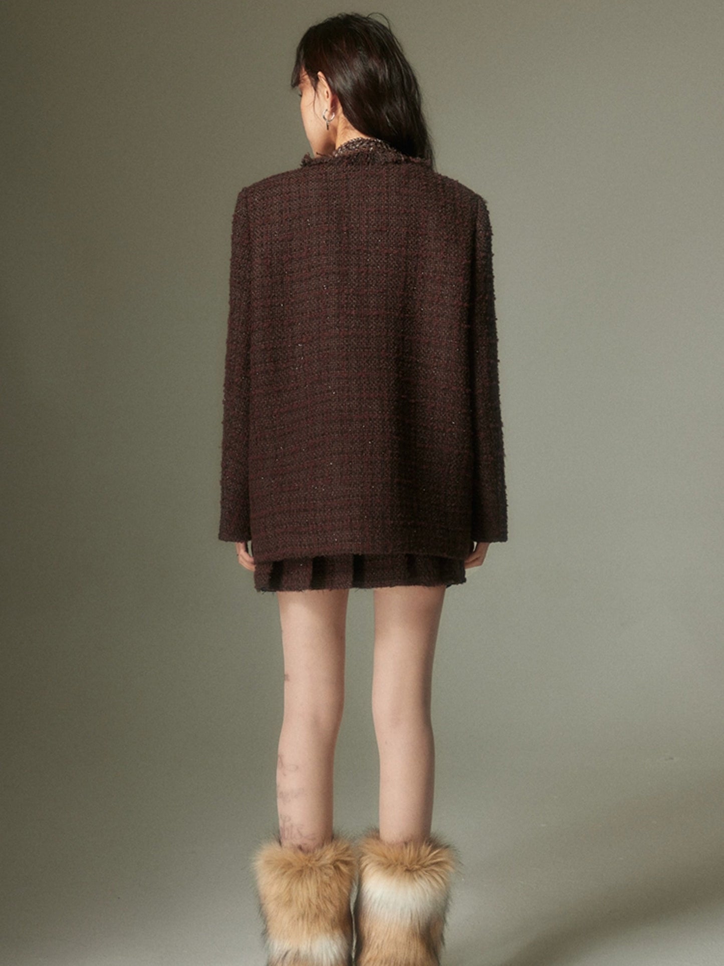 Rivet Glitter Tweed No-Collar Jacket ＆ Pleated Skirt