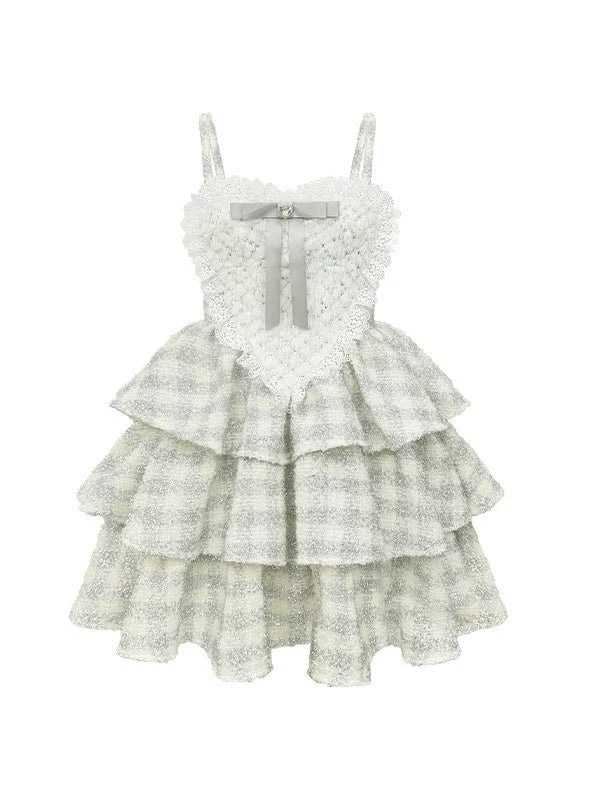 Plaid Tweed Lace Bow Slip Cake Dress