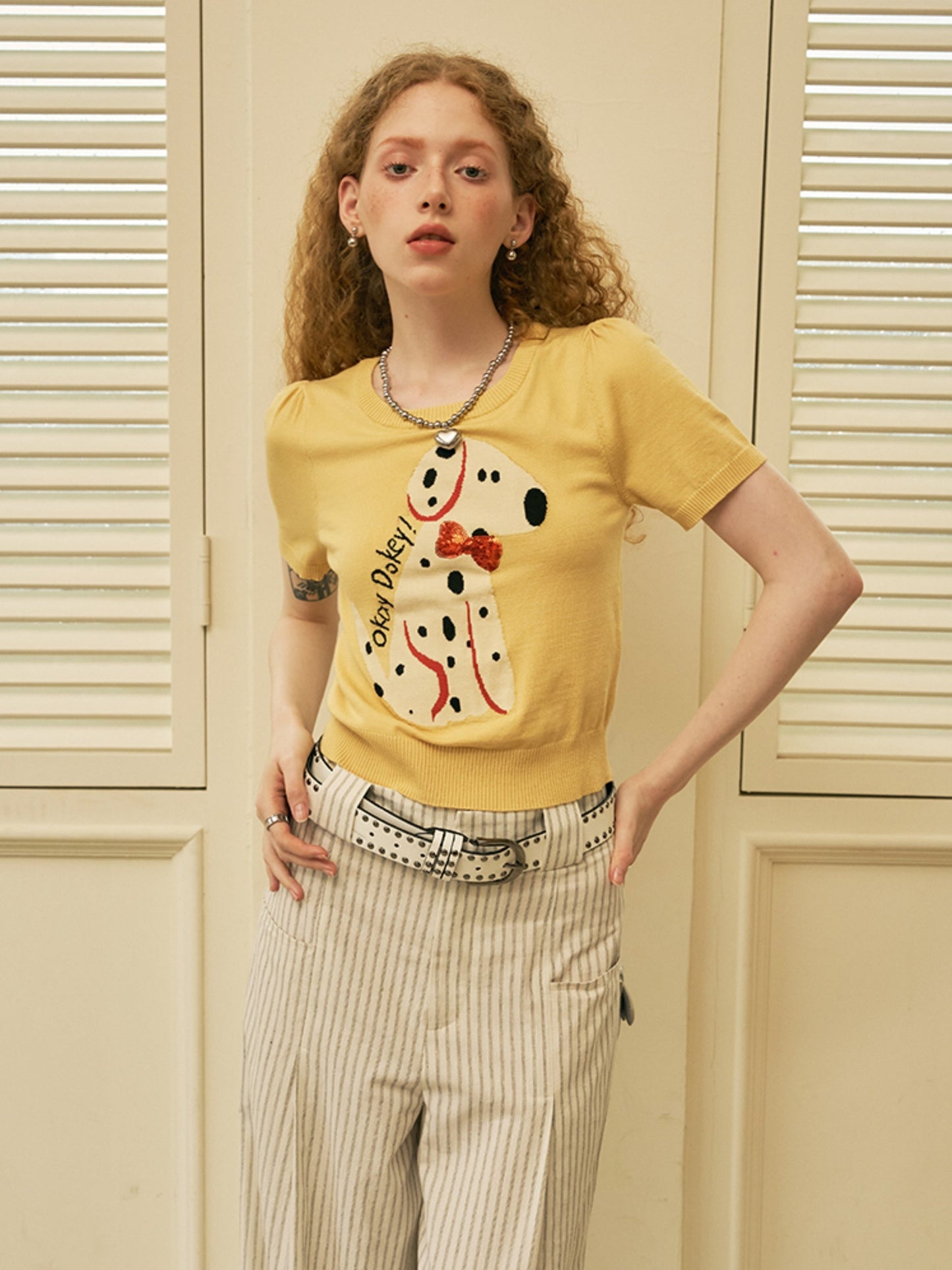 Round Neck Short-sleeved Spotted Dog Knitted Top