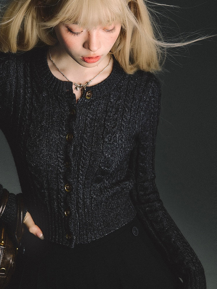 Round Neck Cable Short Knitted Cardigan