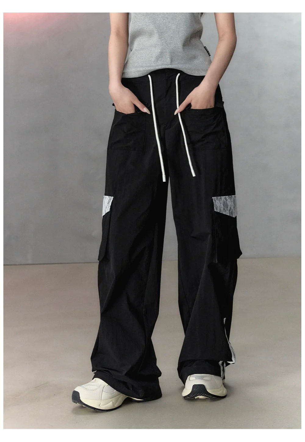 Black Lace Patchwork Large Pocket Casual Pants