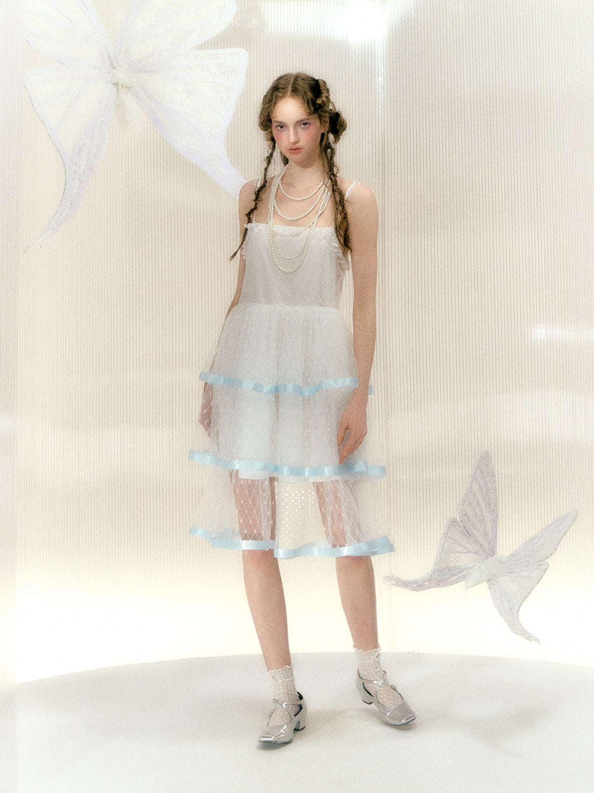 레이스 리본 메쉬 서스펜더 케이크 드레스