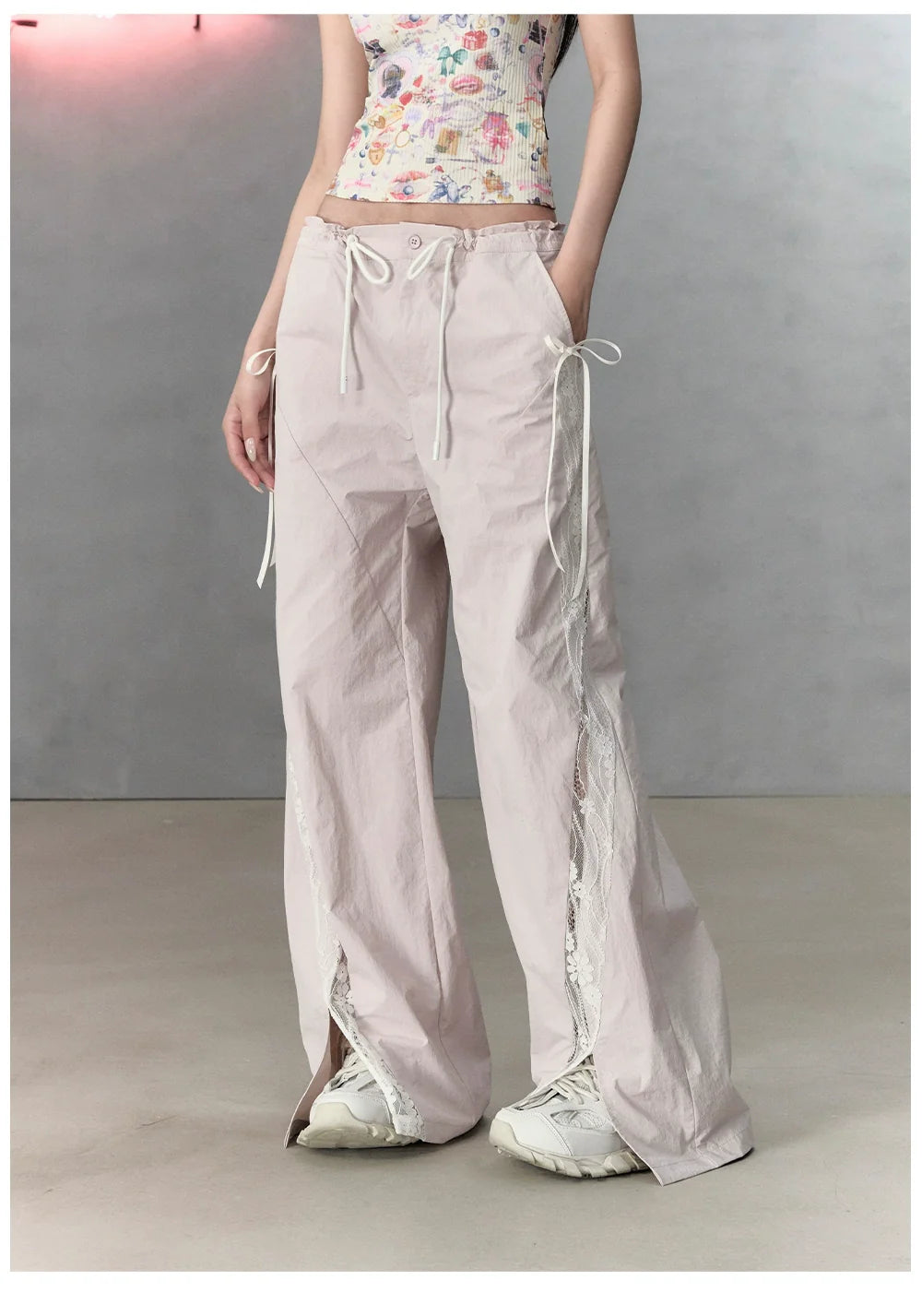 Pink Lace Patchwork Casual Cargo Pants