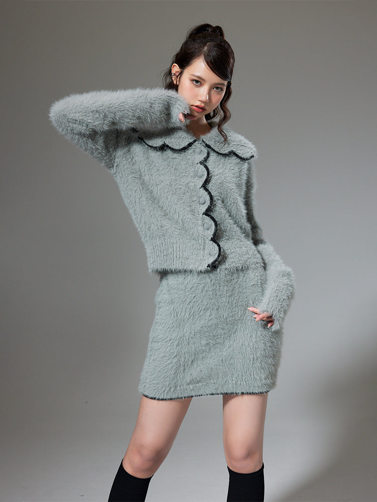 Plush Knitted Cardigan & Skirt