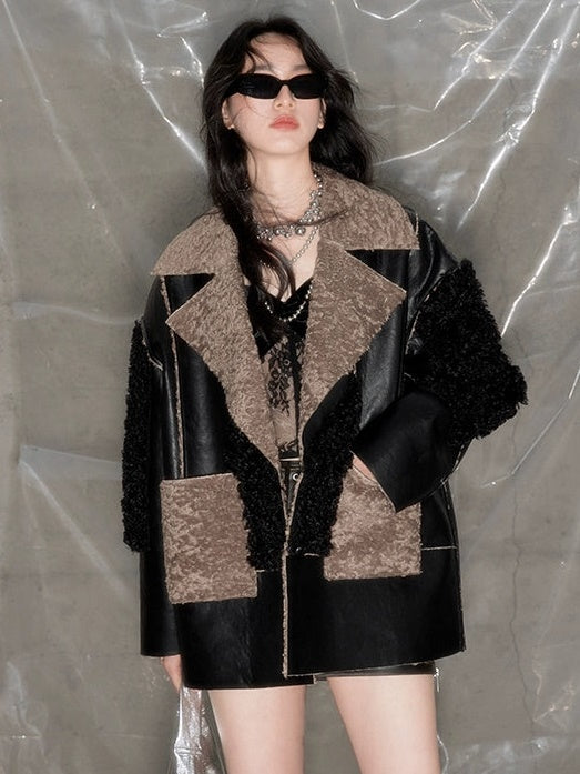 Stitching Fur PU Leather Jacket