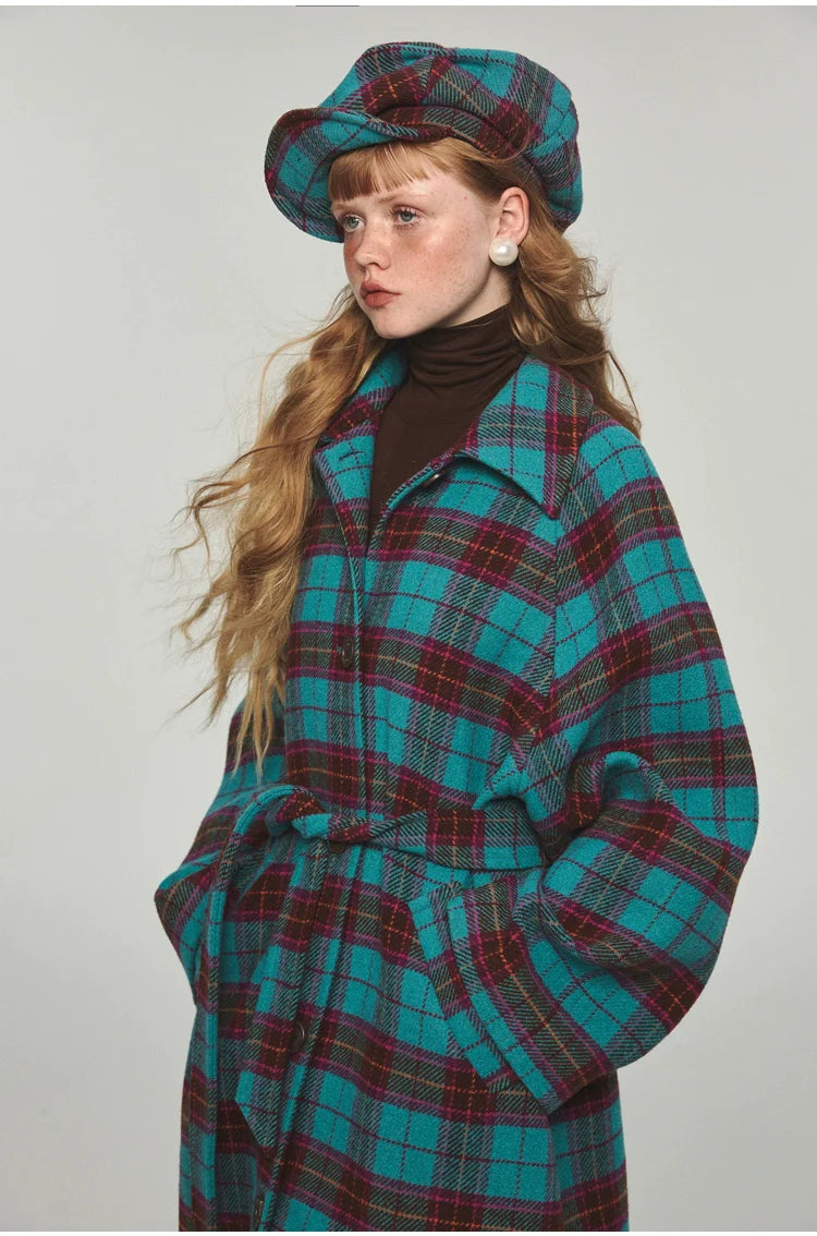 Plaid Classic  Belted Waist Woolen Overcoat