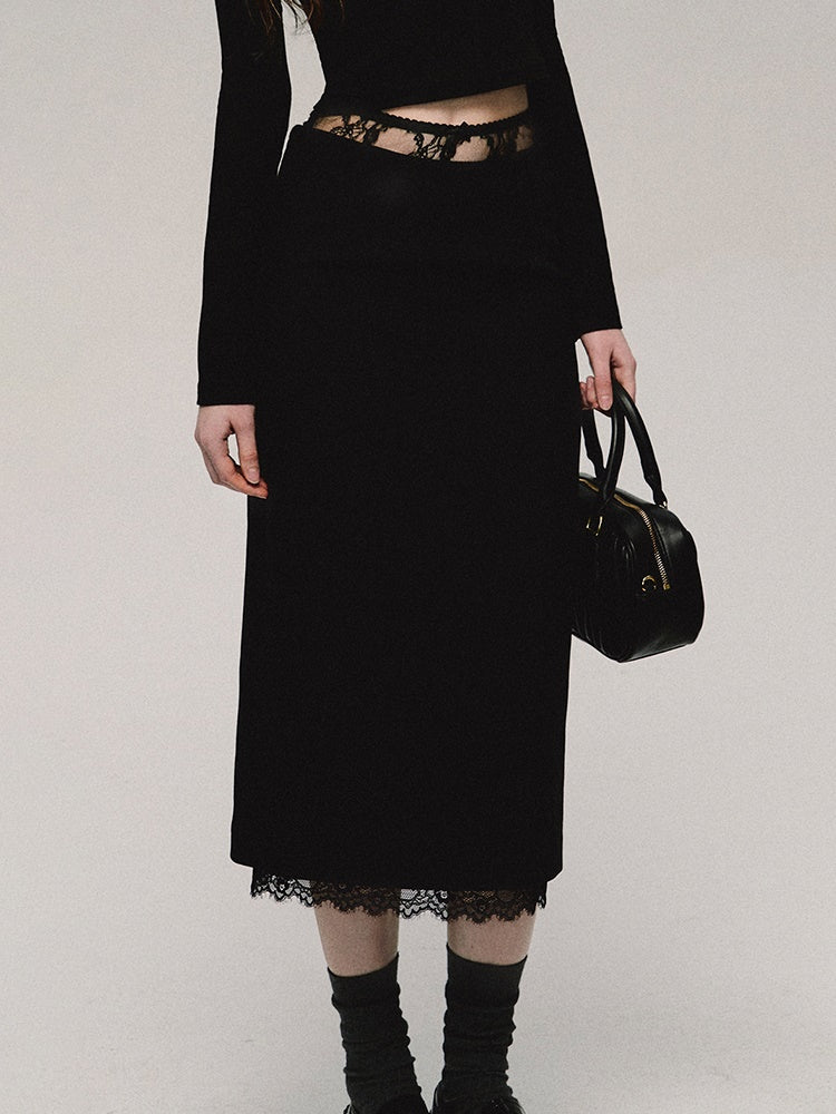 로우 웨이스트 레이스 스플라이싱 스트레이트 스커트 