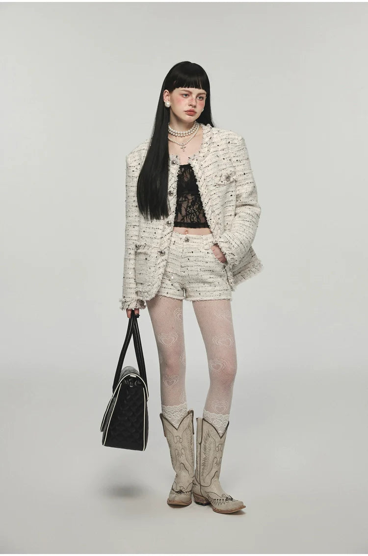 White Tweed Jacket & Shorts Set