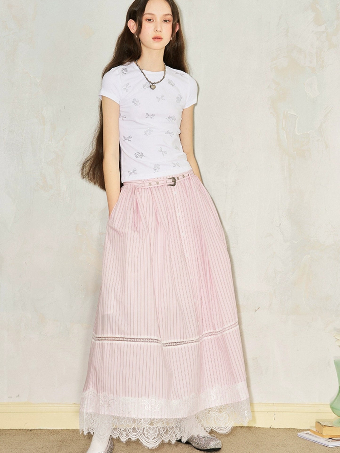 Striped Lace Hollow Long Gather Skirt