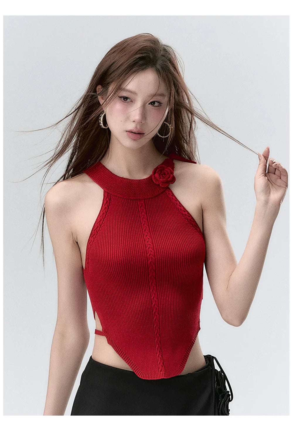 Red & Beige Rose Decor Crewneck Knitted Vest