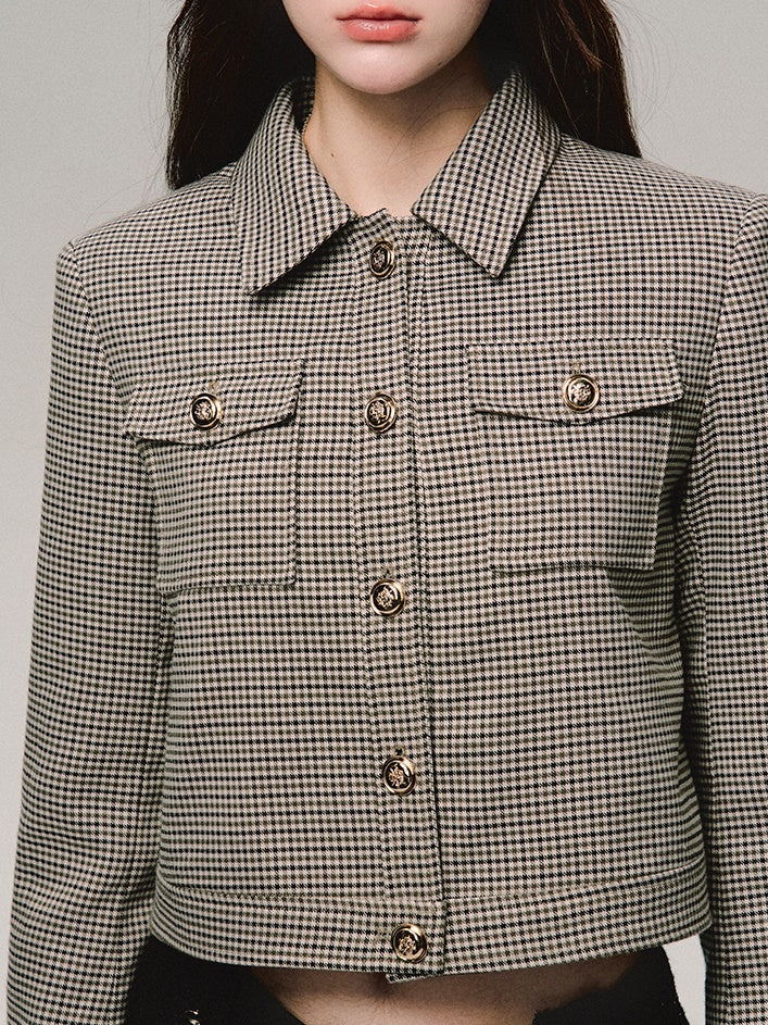 Retro Houndstooth Short Jacket ＆ Front Pocket Short Skirt