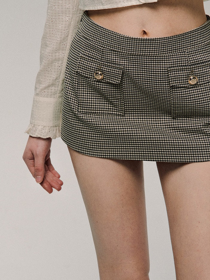 Retro Houndstooth Short Jacket ＆ Front Pocket Short Skirt