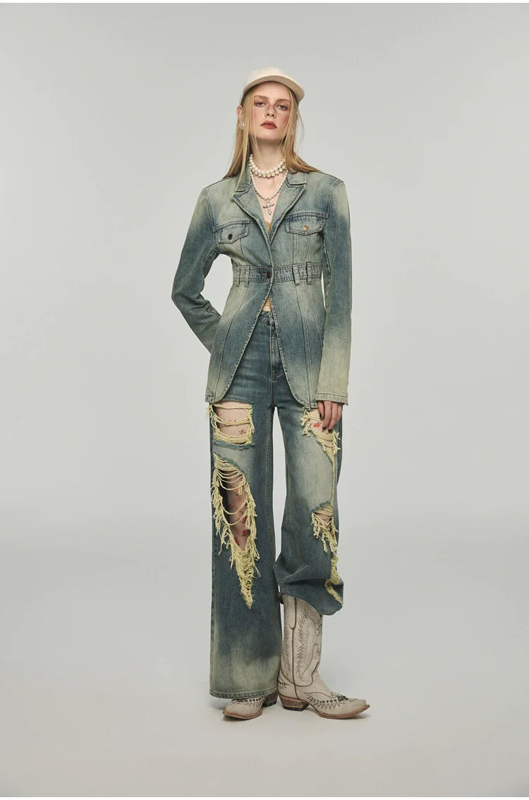 Denim Distressed Wide-Leg Pants