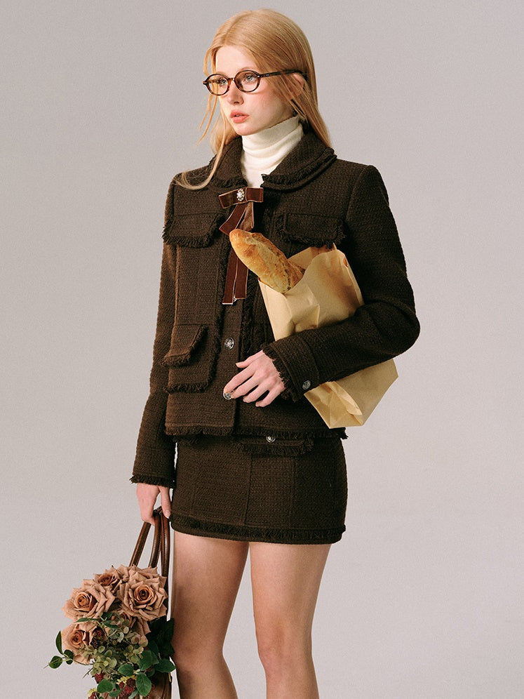 College Style Tweed Short Jacket & Mini Skirt