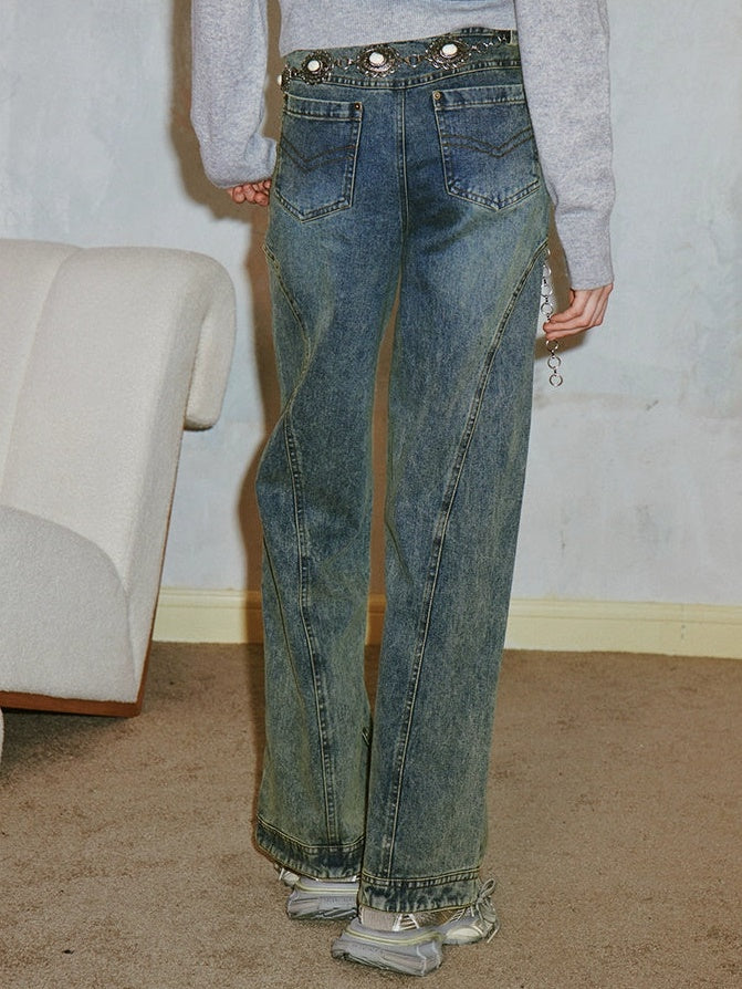 Retro Washed Design Straight Jeans