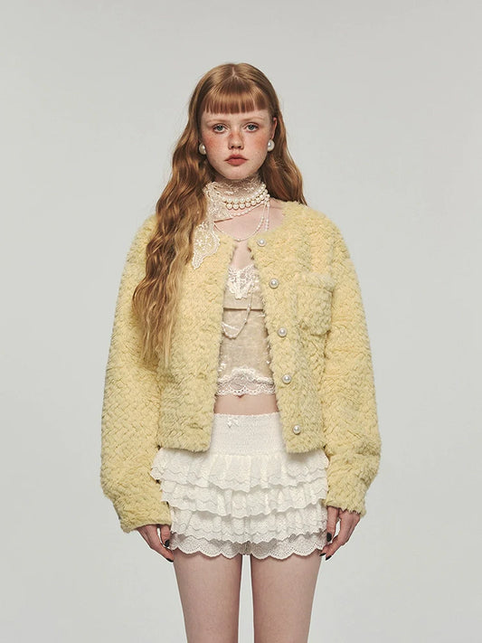 Yellow Faux Fur Casual Crop Coat