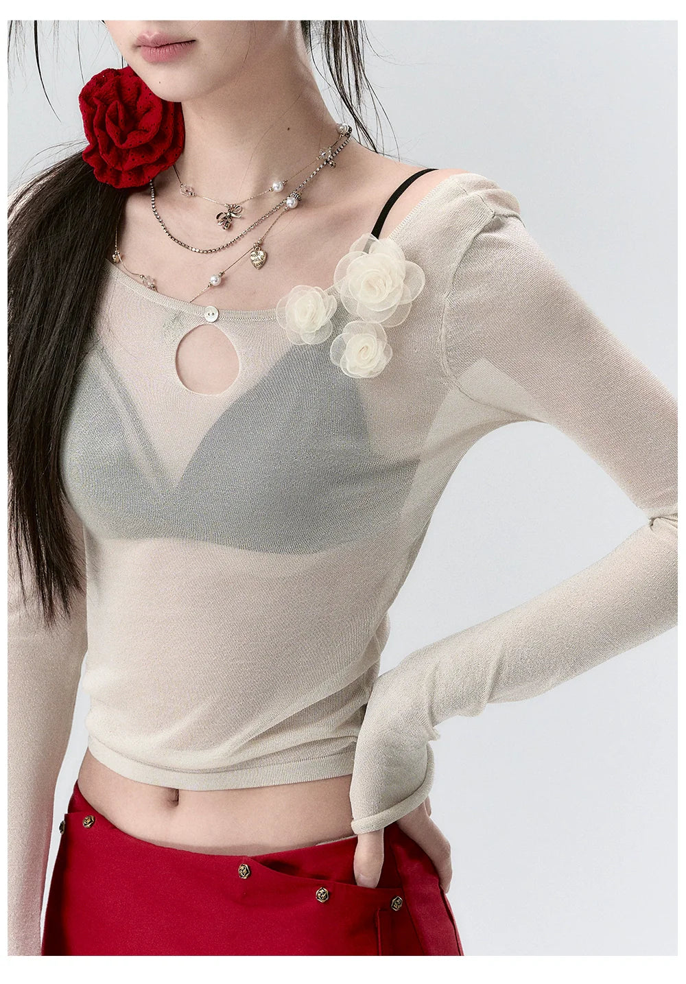 Shimmering Sheer Knit Floral Blouse