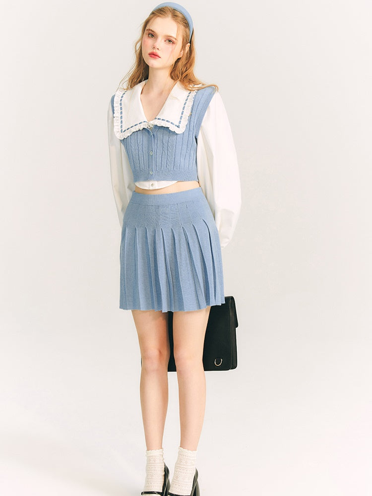 Round Neck Knit Vest & Pleated Skirt