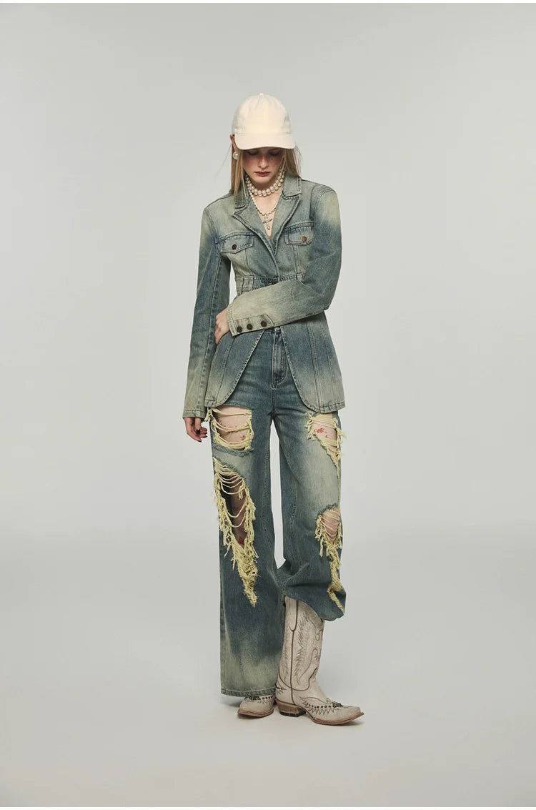 Denim Distressed Wide-Leg Pants