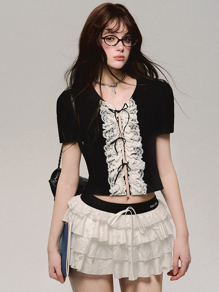 레이스 자수 플래킷 반소매 티셔츠 