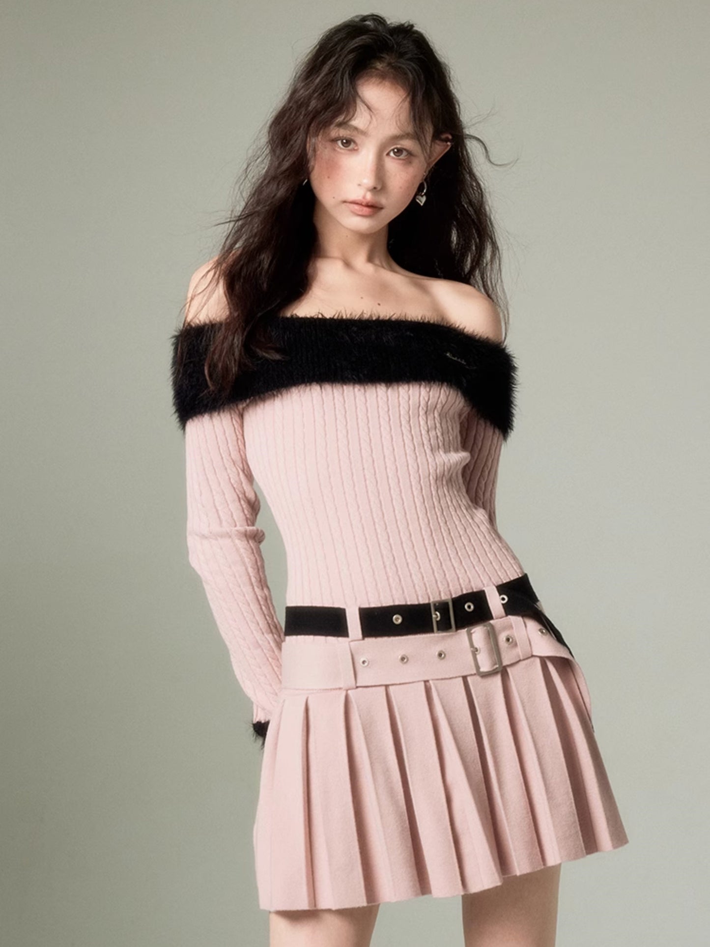 Off-shoulder Knit Double Belt One-piece