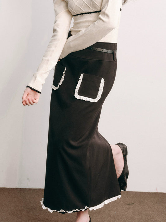 레이스 스티치 백 슬릿 하이웨이스트 스커트 