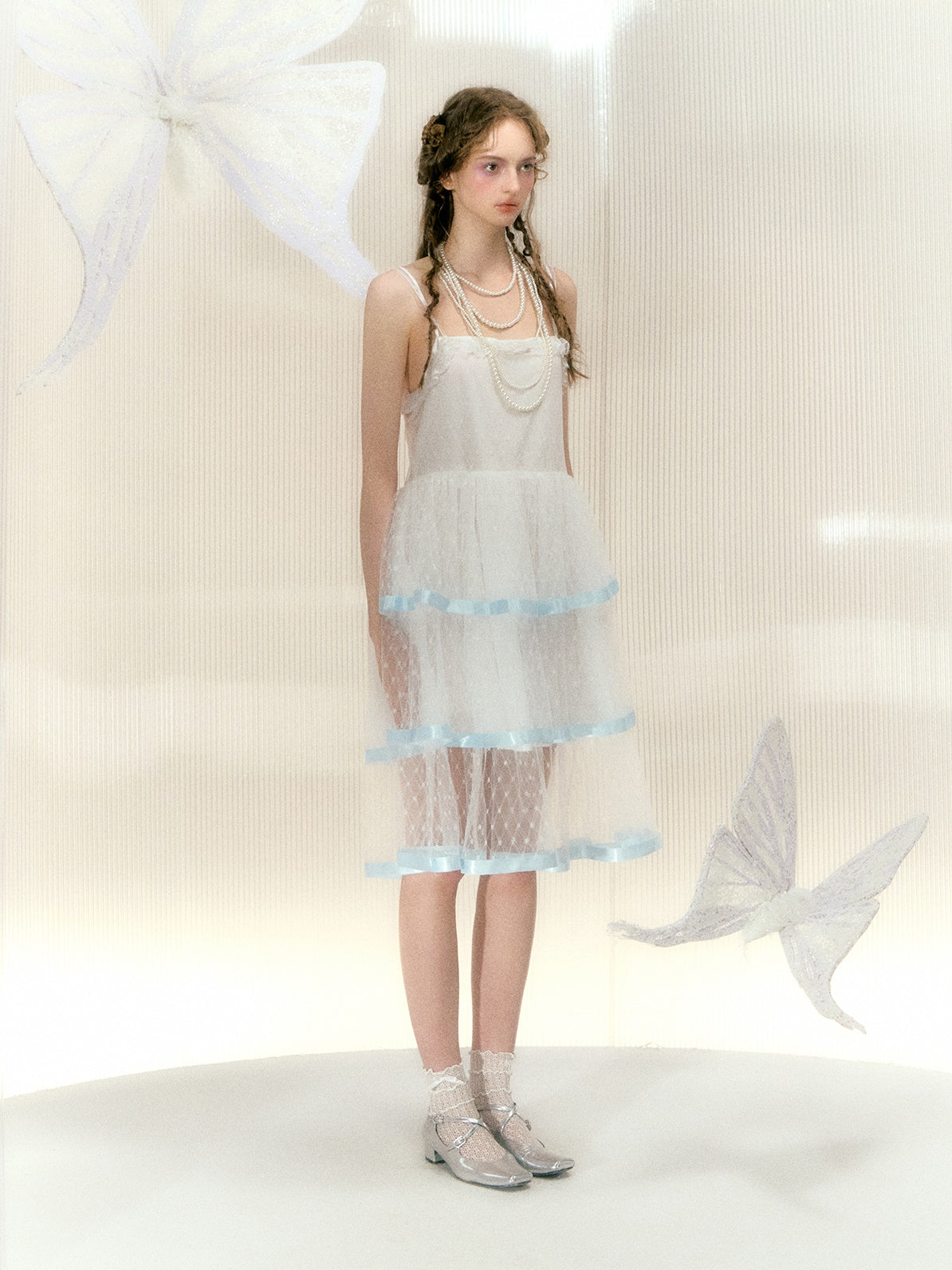 레이스 리본 메쉬 서스펜더 케이크 드레스