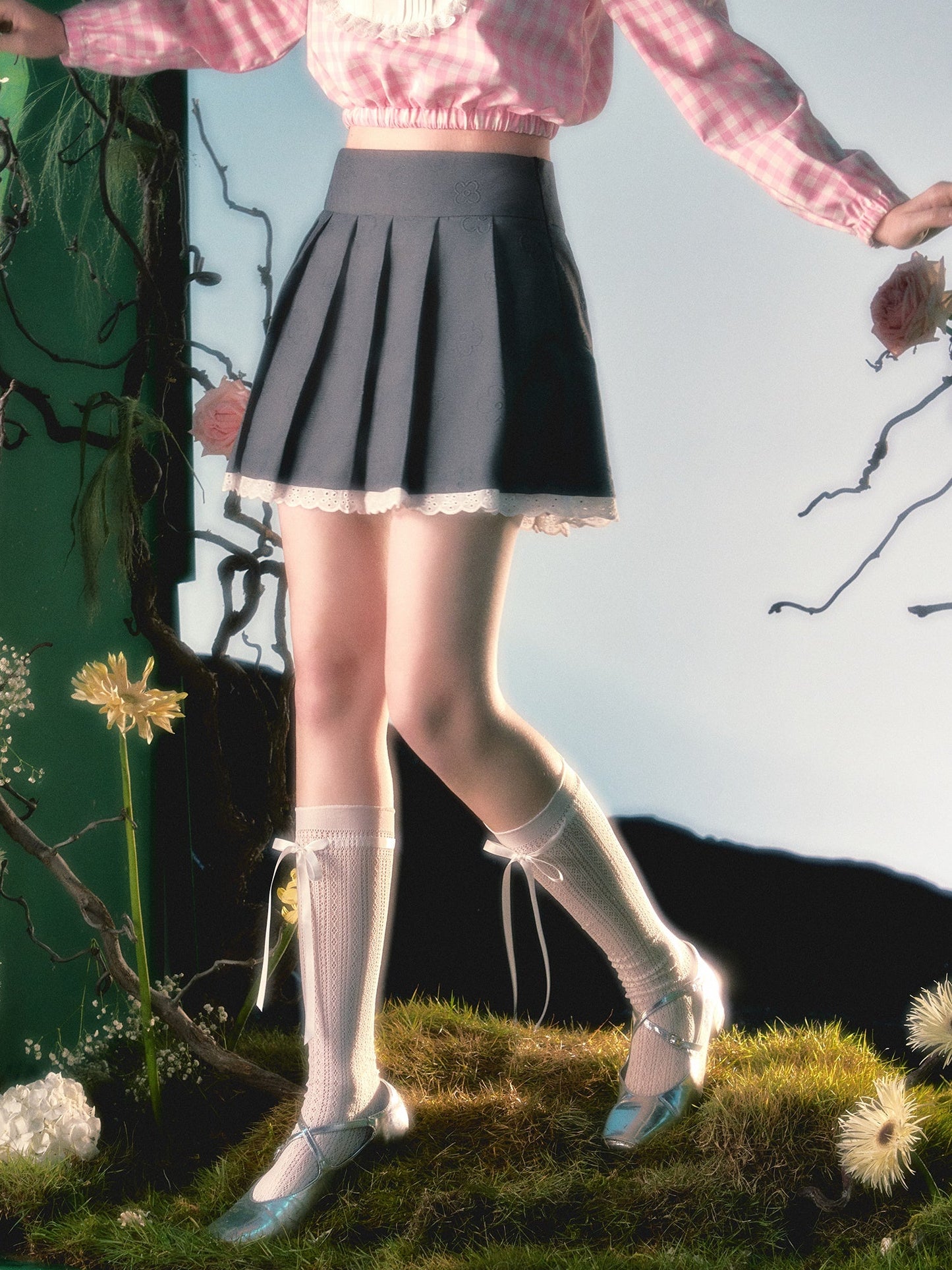 레이스 장식 플리츠 스커트 