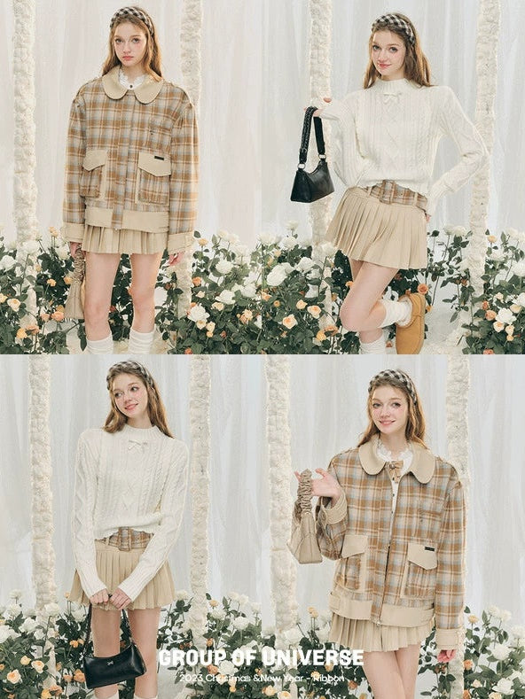 Plaid Round Collar Short Jacket ＆ Mini Pleated Skirt