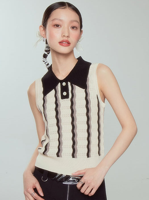 Striped Polo Collar Sleeveless Top