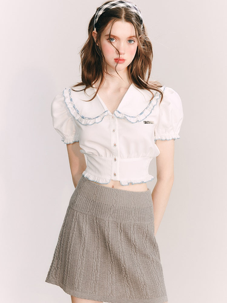 Short Puff Sleeves Doll Collar Shirt