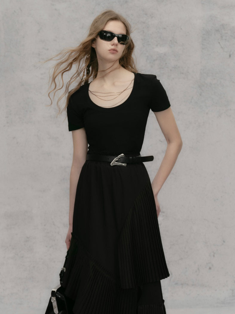 체인 숄더 패드 쇼트 티셔츠 