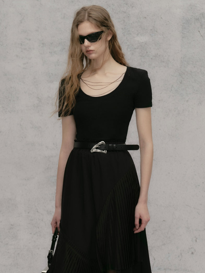 체인 숄더 패드 쇼트 티셔츠 