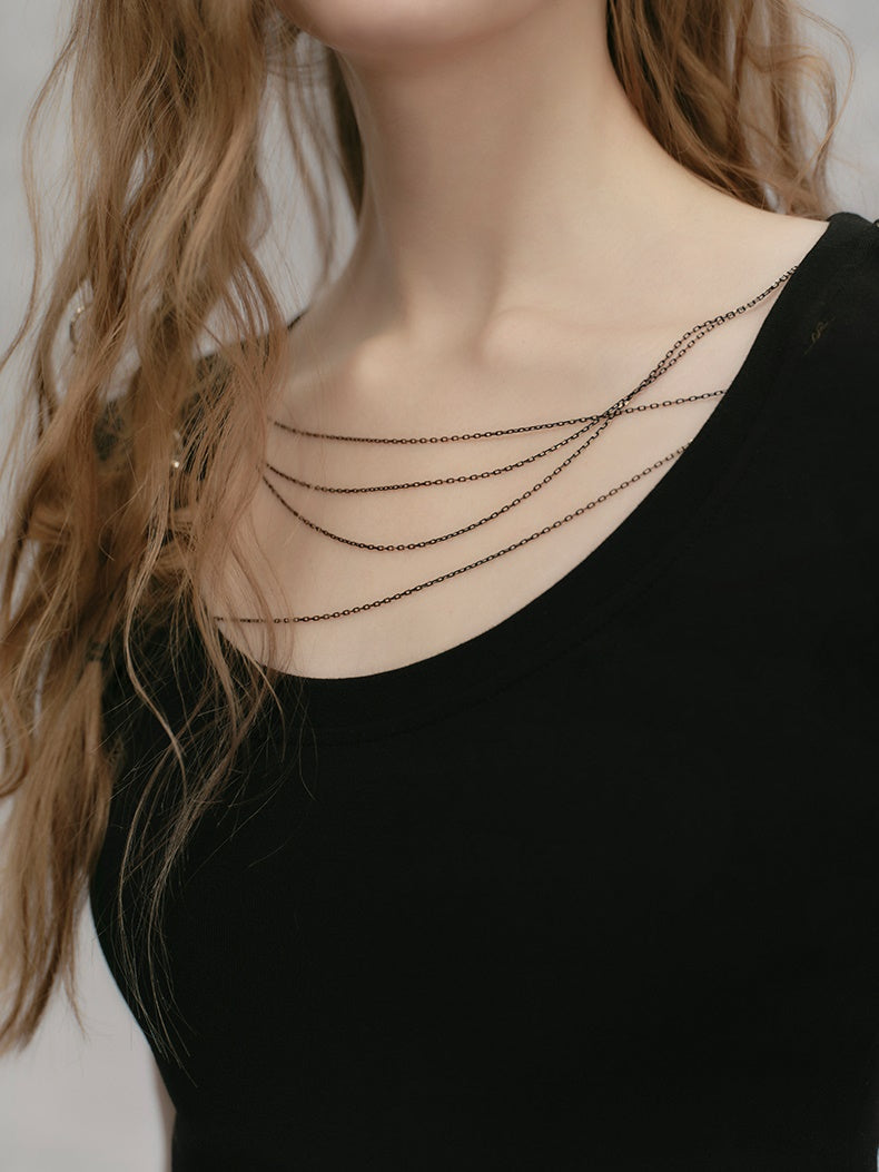 체인 숄더 패드 쇼트 티셔츠 