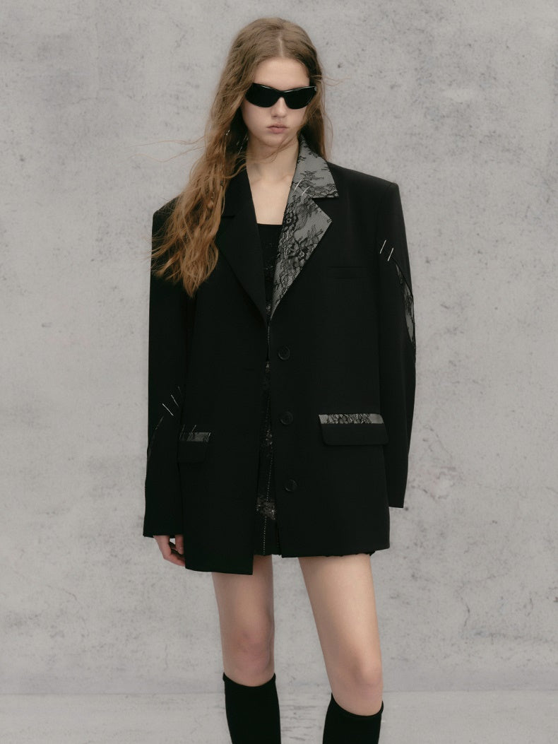 레이스 스티치 배색 루즈 재킷 