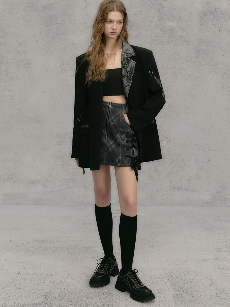 레이스 스티치 배색 루즈 재킷 