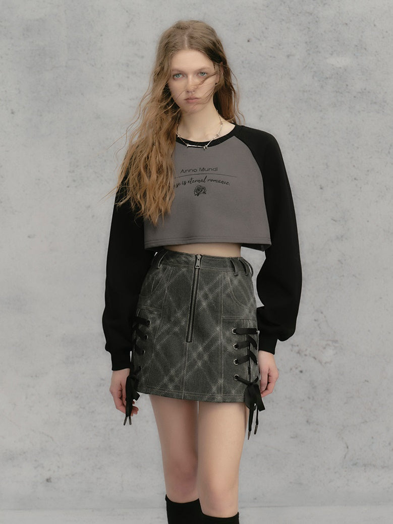 레터 긴팔 크롭 스웨트 &amp; 스커트