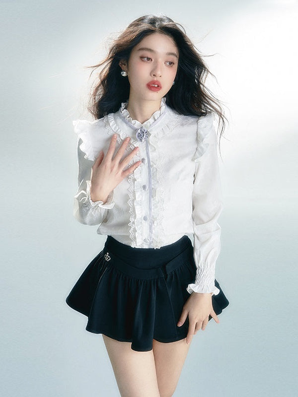 긴팔 레트로 레이스 프릴 셔츠 