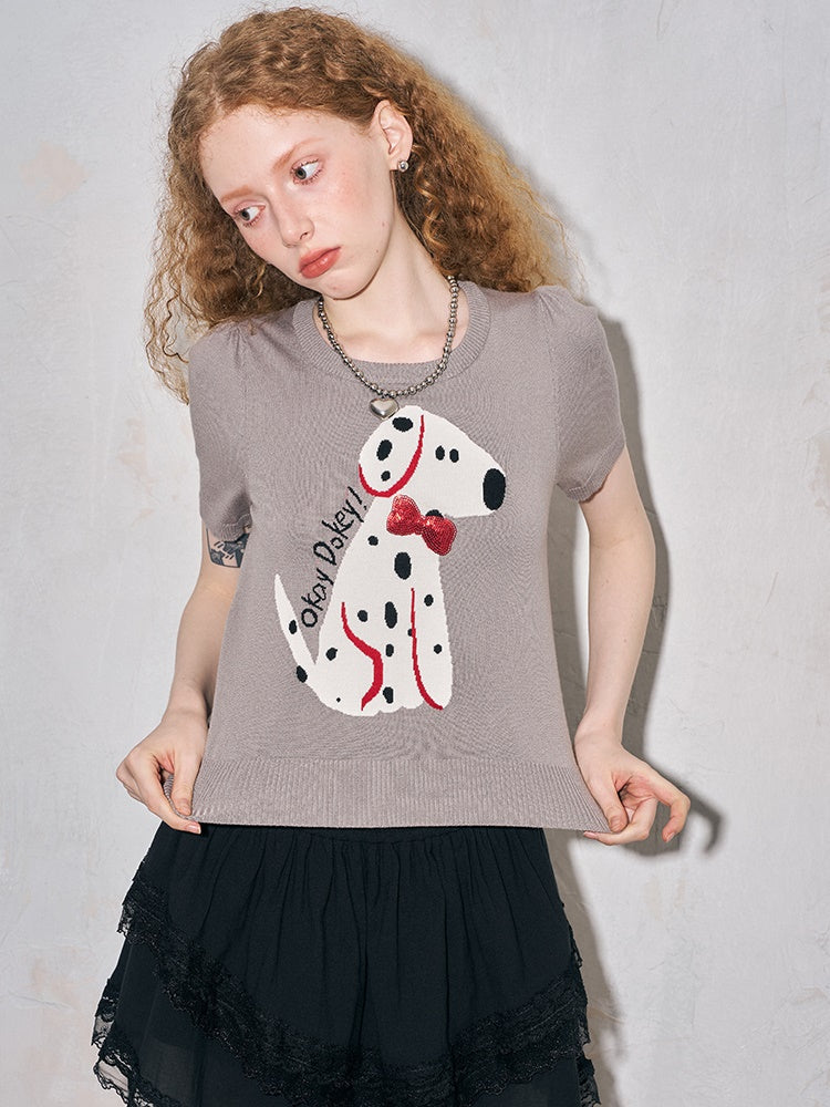 Round Neck Short-sleeved Spotted Dog Knitted Top