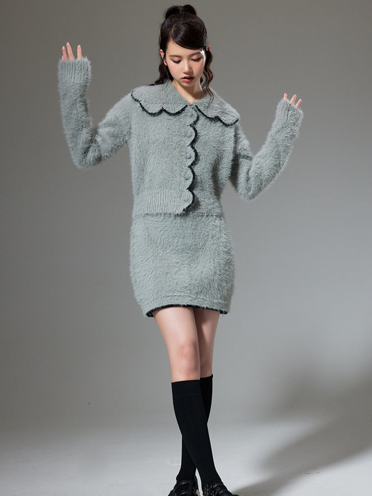 Plush Knitted Cardigan & Skirt