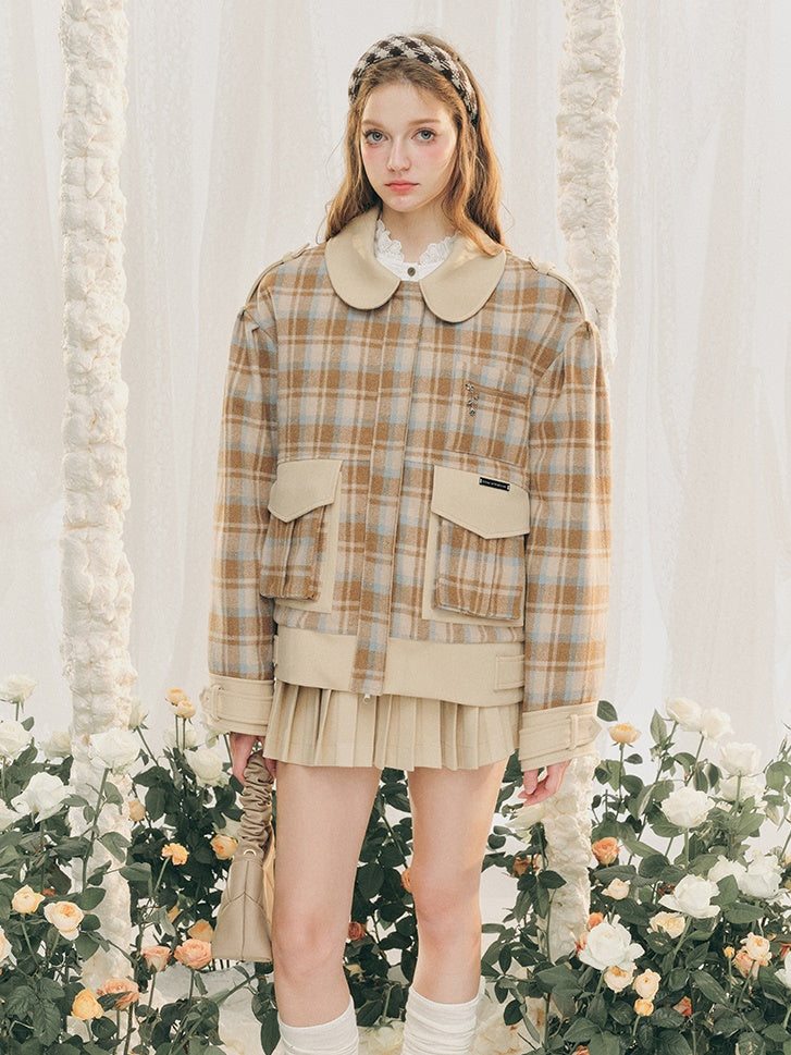 Plaid Round Collar Short Jacket ＆ Mini Pleated Skirt