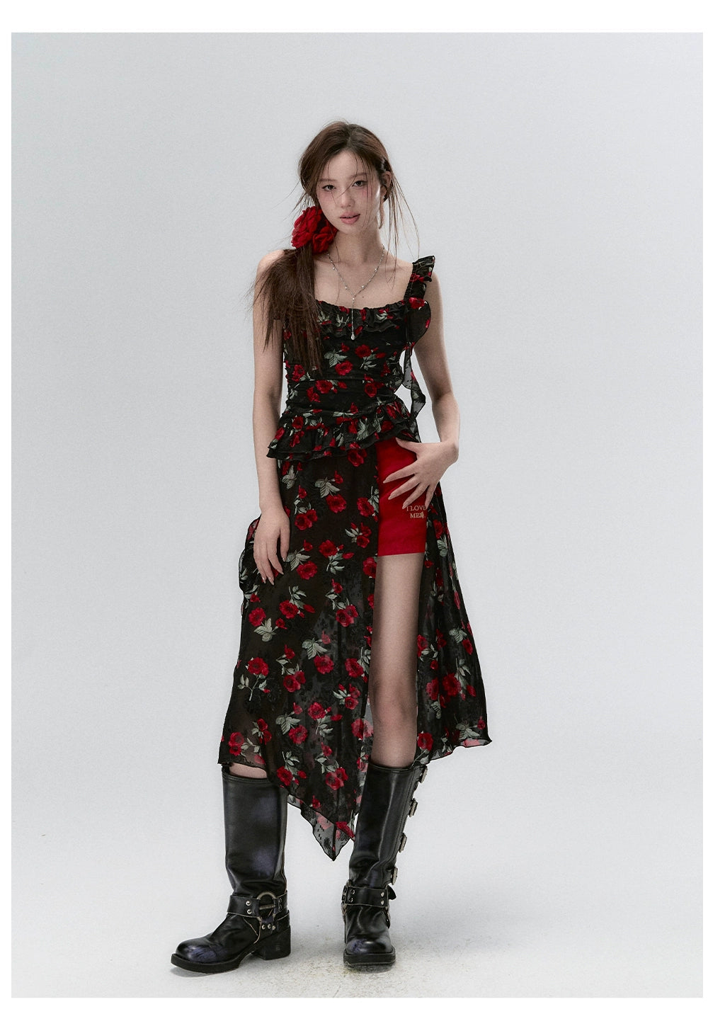 "I LOVE ME" Embroidered Rose Belt A-Line Mini Skirt