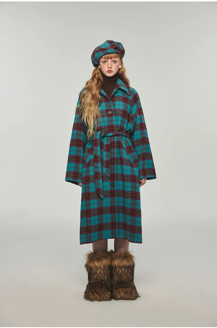 Plaid Classic  Belted Waist Woolen Overcoat