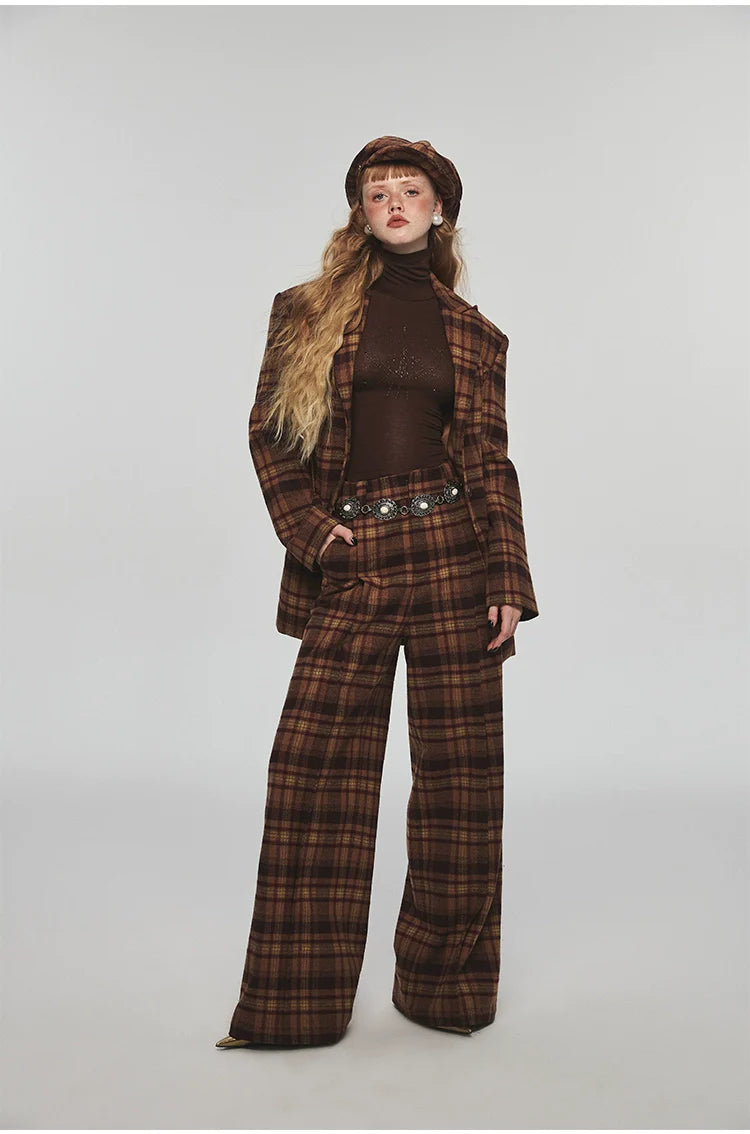 Plaid Woolen Wide-leg Pants